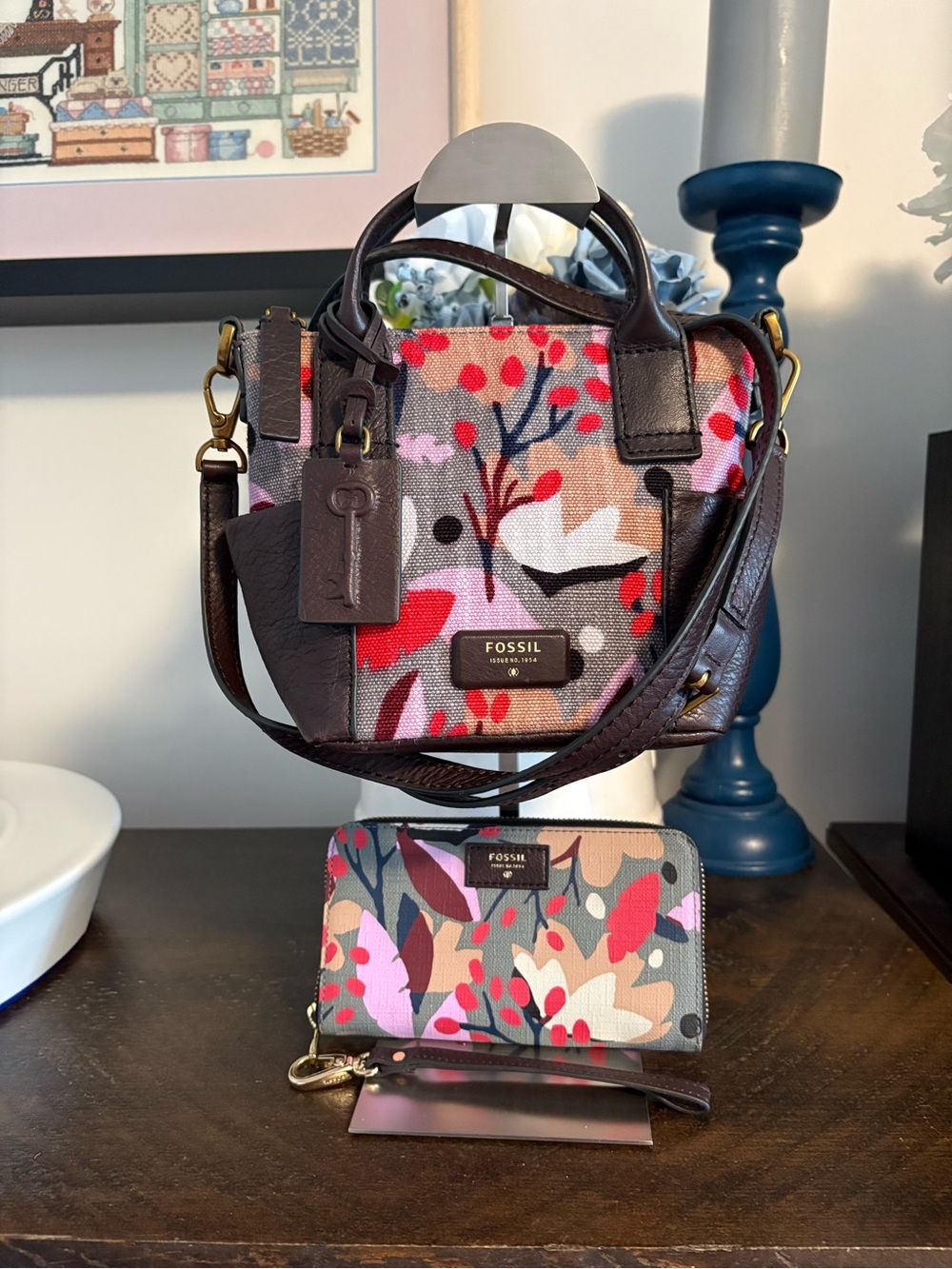 Fossil Mini Emerson Satchel Floral Canvas Crossbody & Matching Wristlet Wallet
